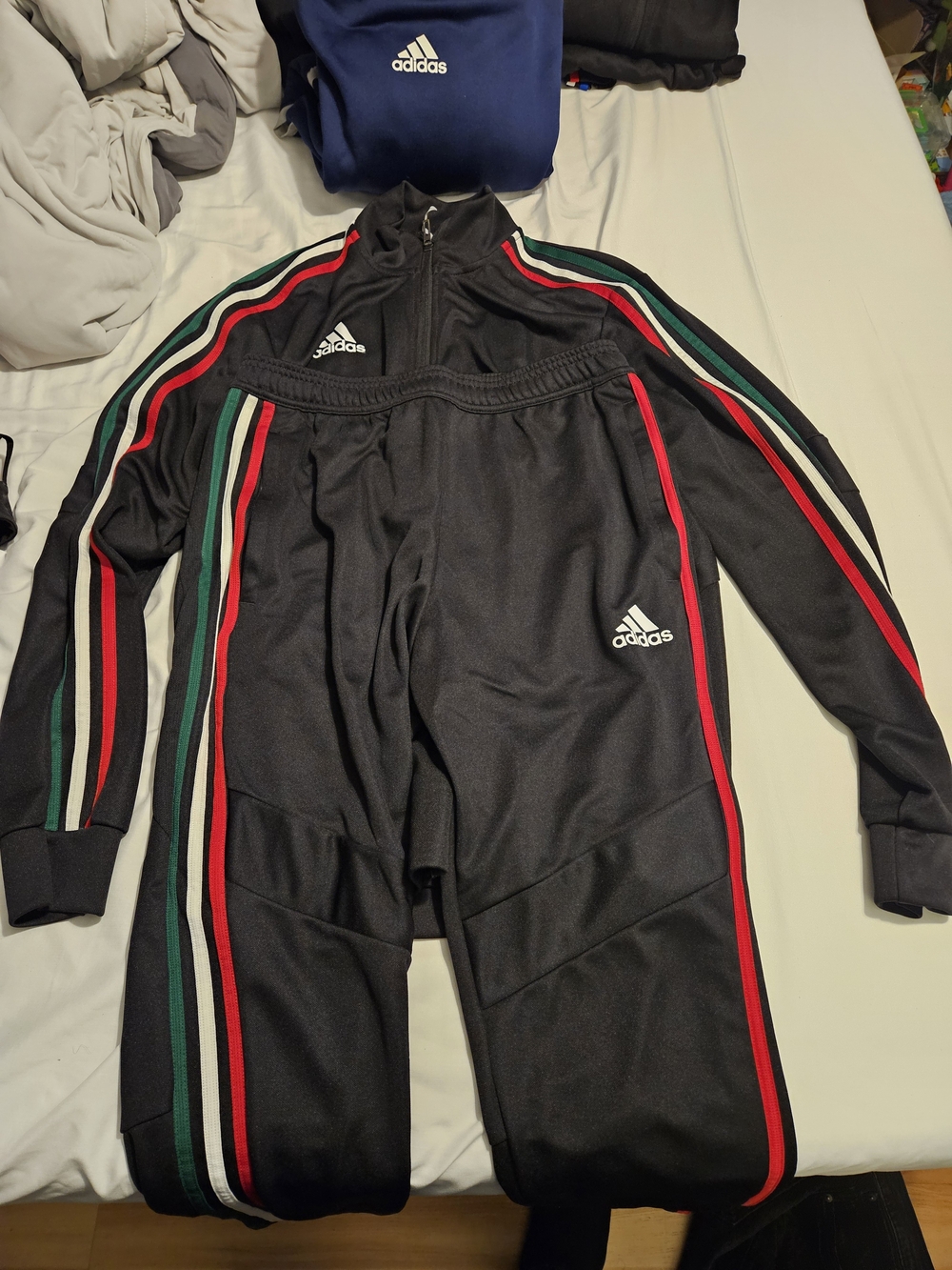 adidas Black Men's Two-Piece Windbreaker Set with Red and Green Stripes